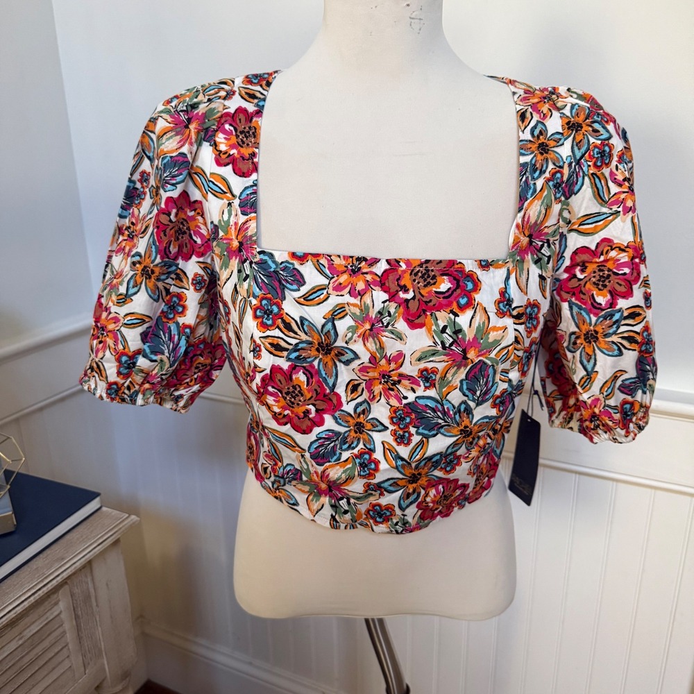 NWT Rachel Rachel Roy Floral Square Neck Puff Sleeve Smocked Crop Top Mens M